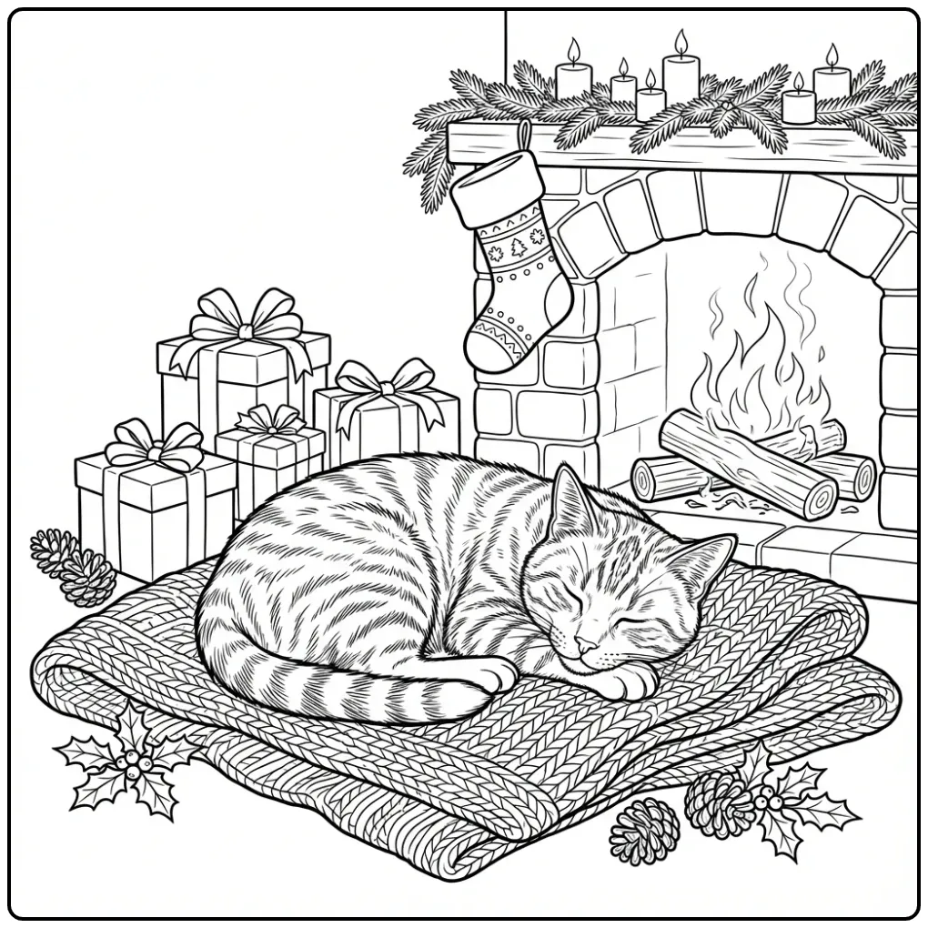 Christmas Cat coloring page with gifts and fireplace
