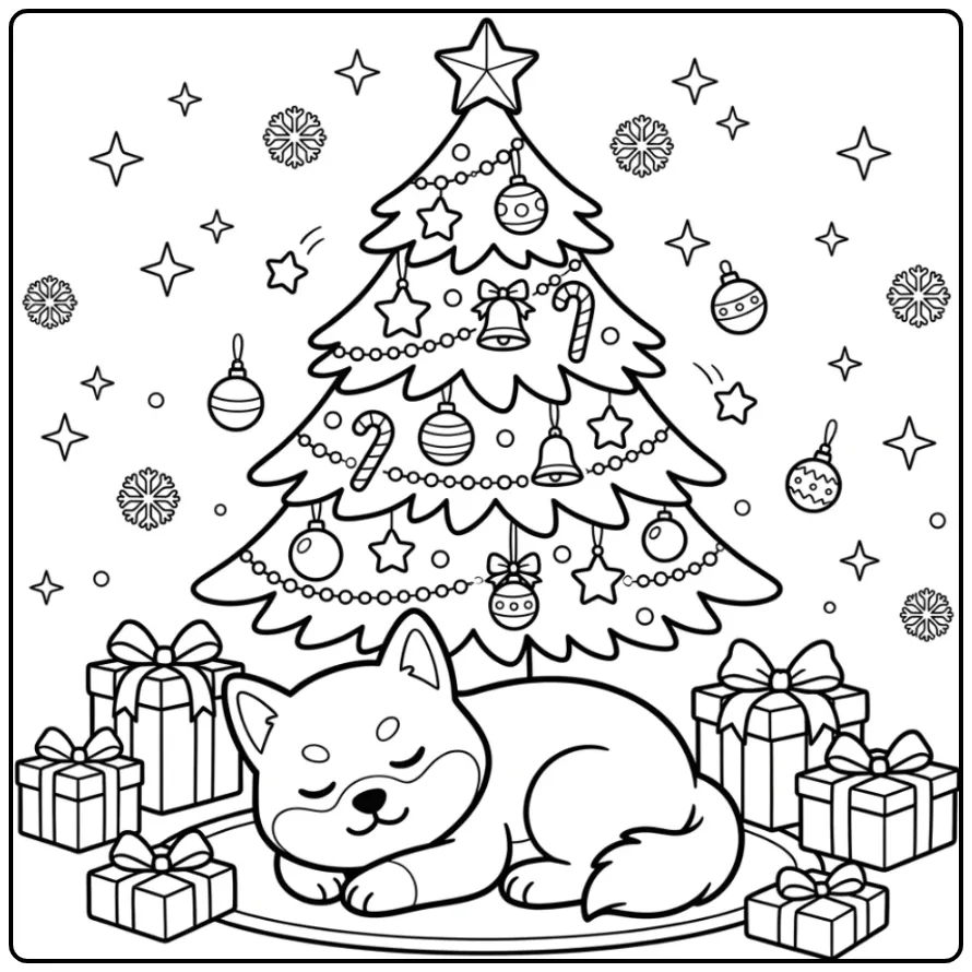 Cute Shiba Inu Christmas Puppy with Gifts coloring page