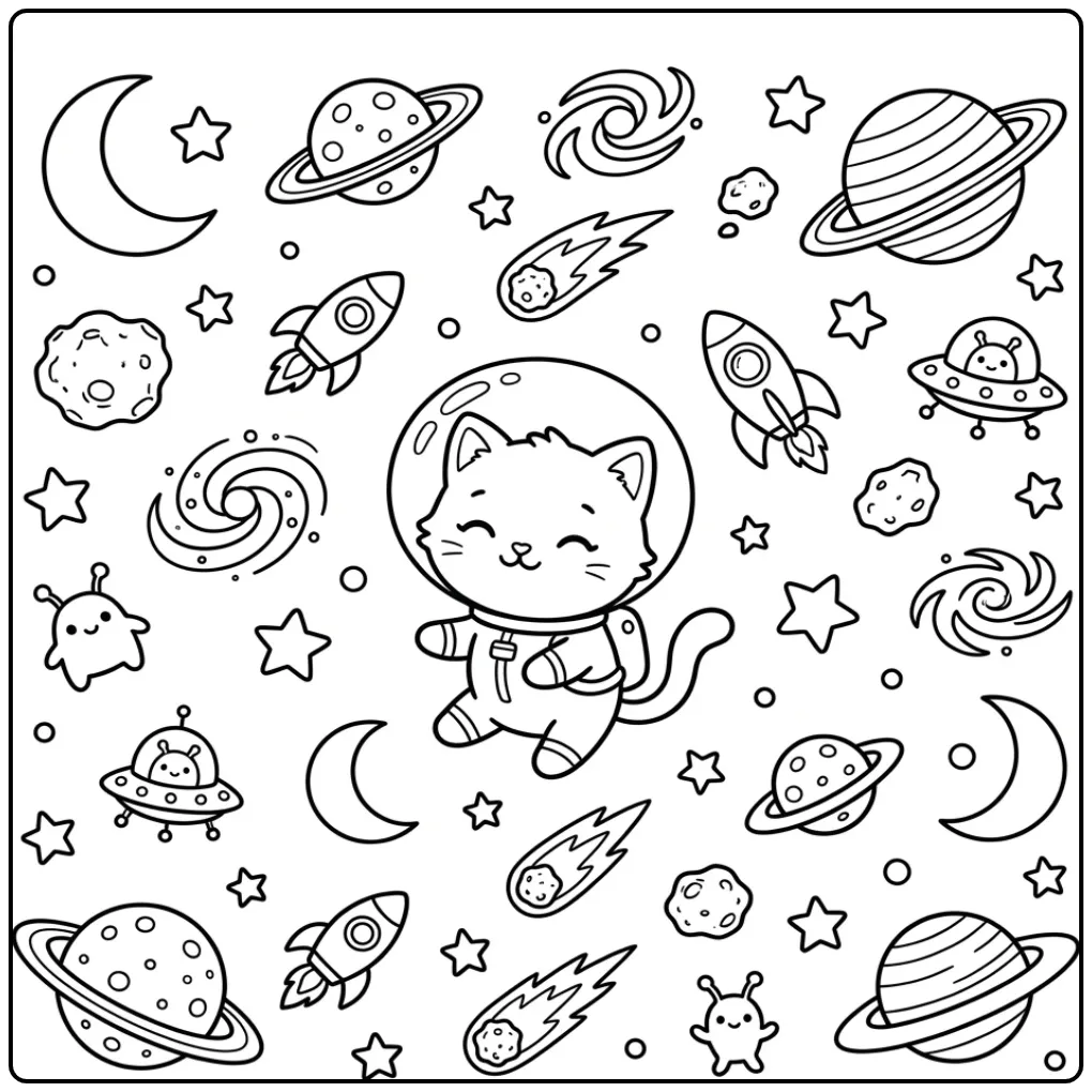 Cute Kitten Astronaut in Space coloring page