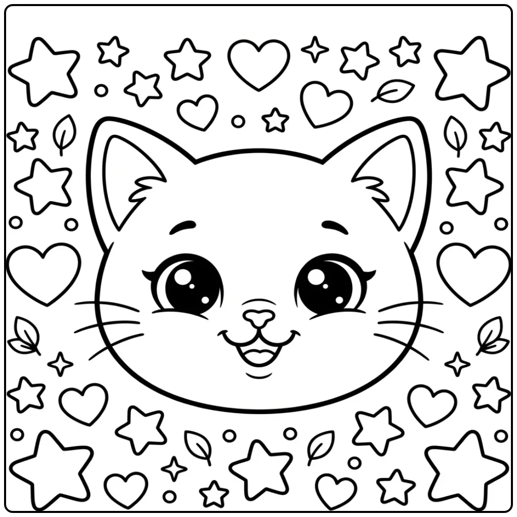 Cute Kitten Face with Stars and Leaves coloring page