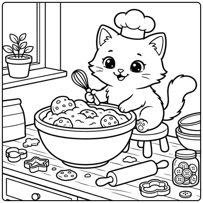 Cute Kitten in the Kitchen with Cookies coloring page
