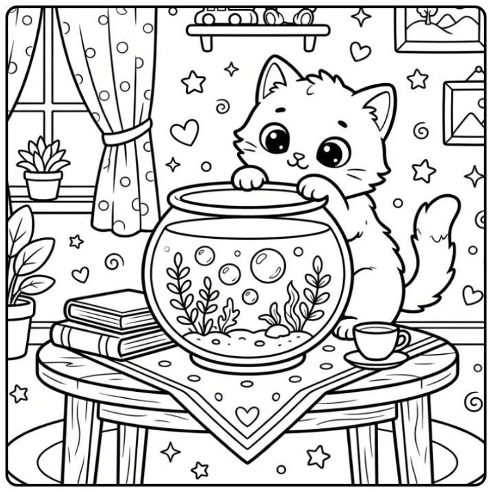 Cute Kitten Looking at a Fishbowl coloring page
