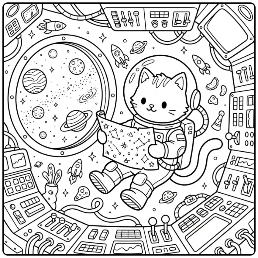 Difficult Kitten coloring page in a spacesuit