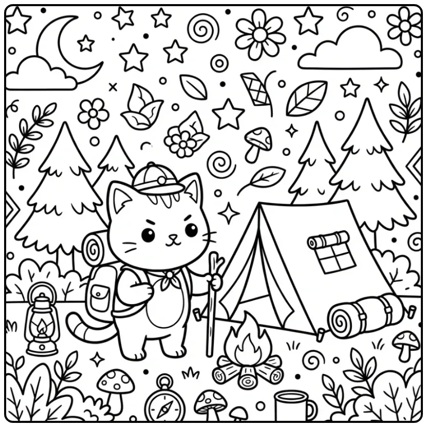 Cute Kitten Adventure in the Forest coloring page
