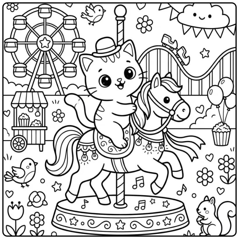 Cute Kitten on a Decorated Carousel coloring page