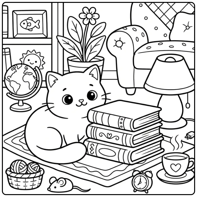 Cute Kitten Among Books and Lights coloring page
