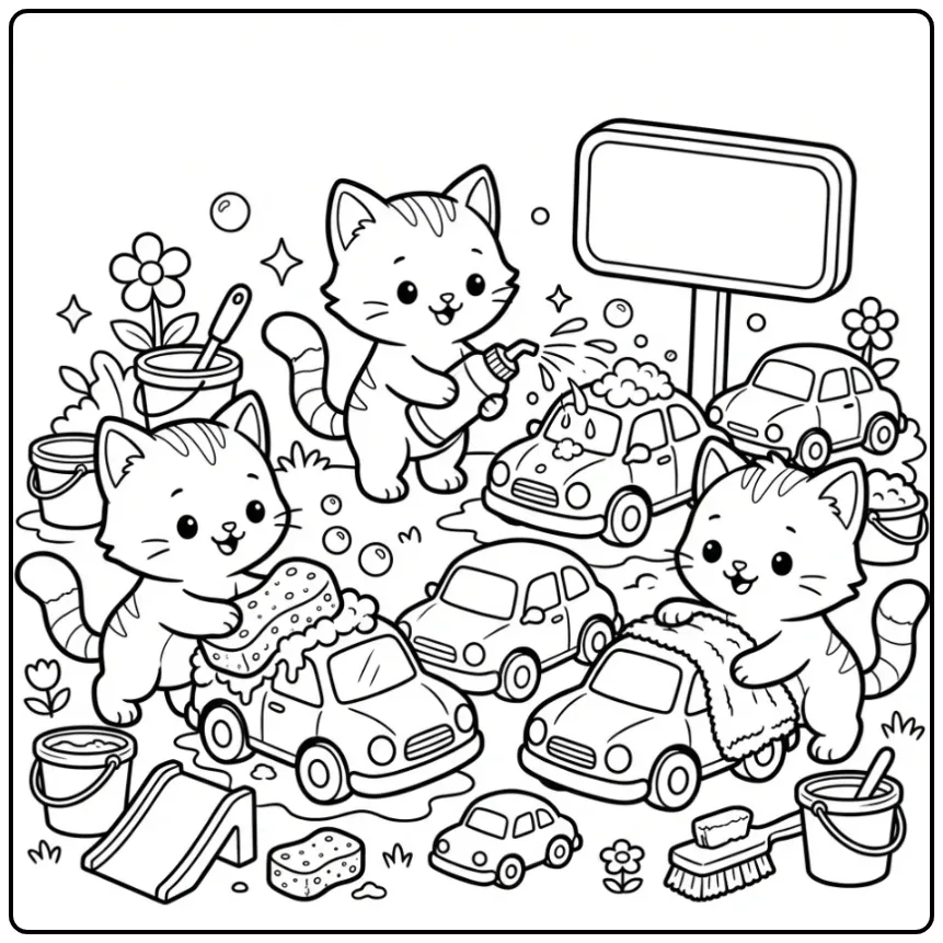 Cute Kittens at a Car Wash coloring page