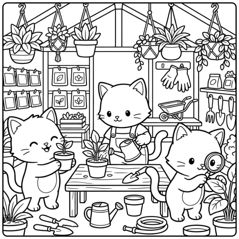 Cute Kittens Gardening in a Greenhouse coloring page