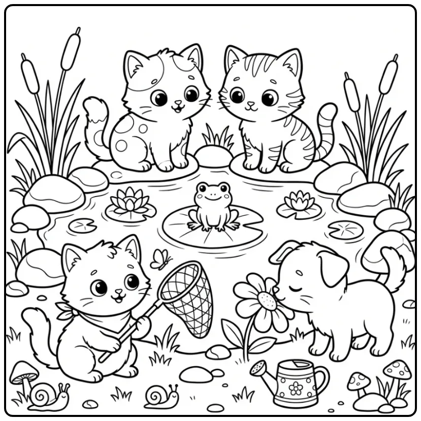 Cute Kittens Having Water Fun in the Garden coloring page
