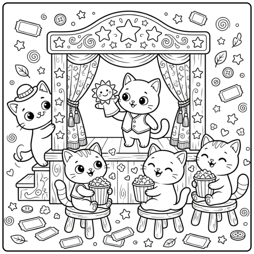 Cute Kittens in a Small Puppet Theater coloring page