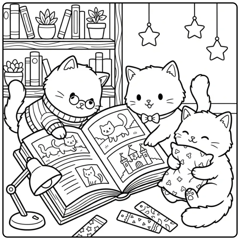 Cute Kittens Reading an Adventure Book coloring page