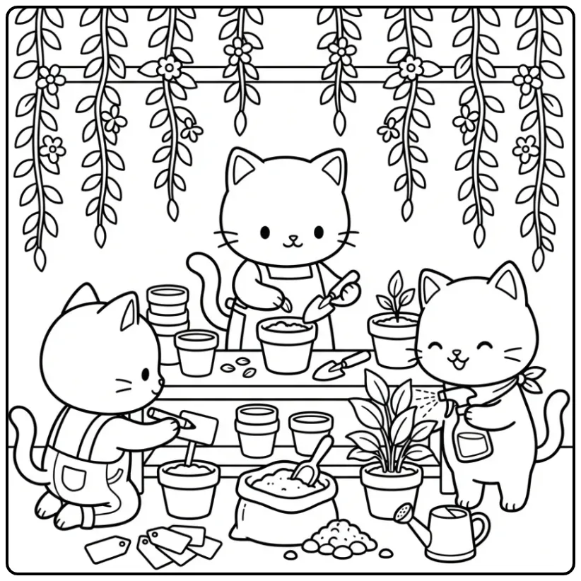 Cute Kittens Building an Indoor Garden coloring page
