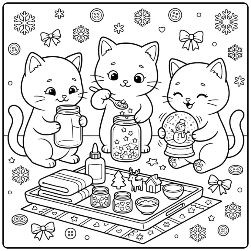 Cute Kittens Building a Snow Globe coloring page