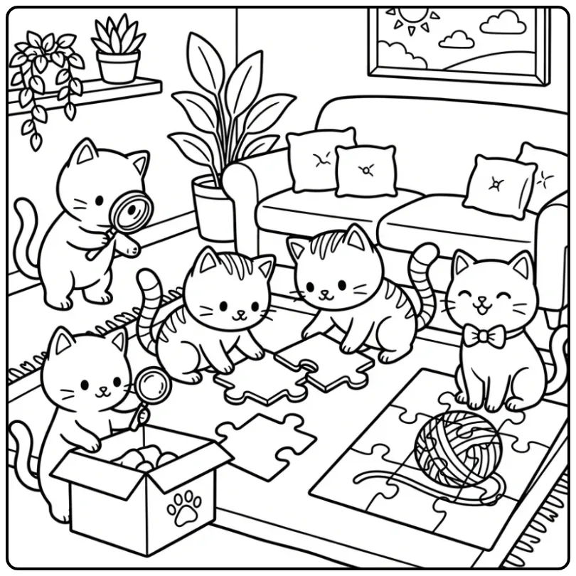 Cute Kittens Building a Puzzle Together coloring page