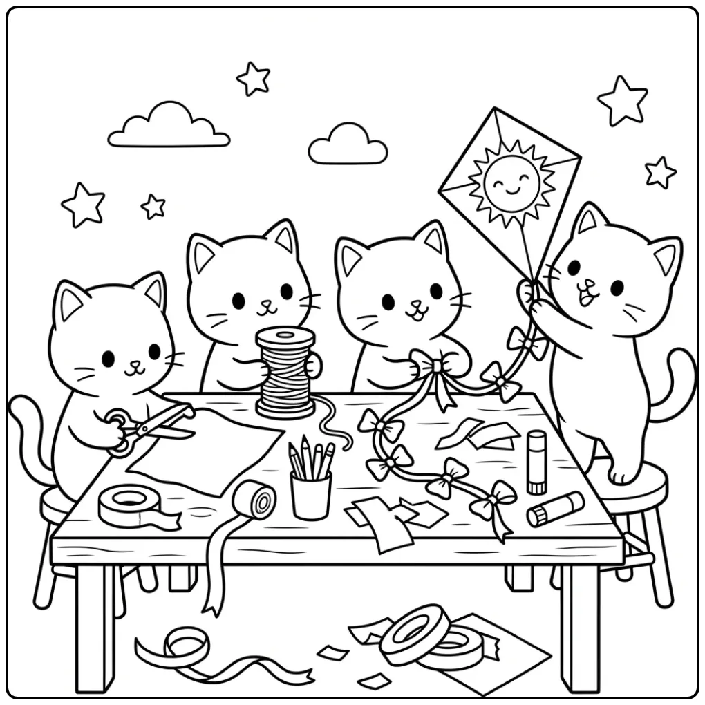Cute Kittens Making Paper Kites coloring page