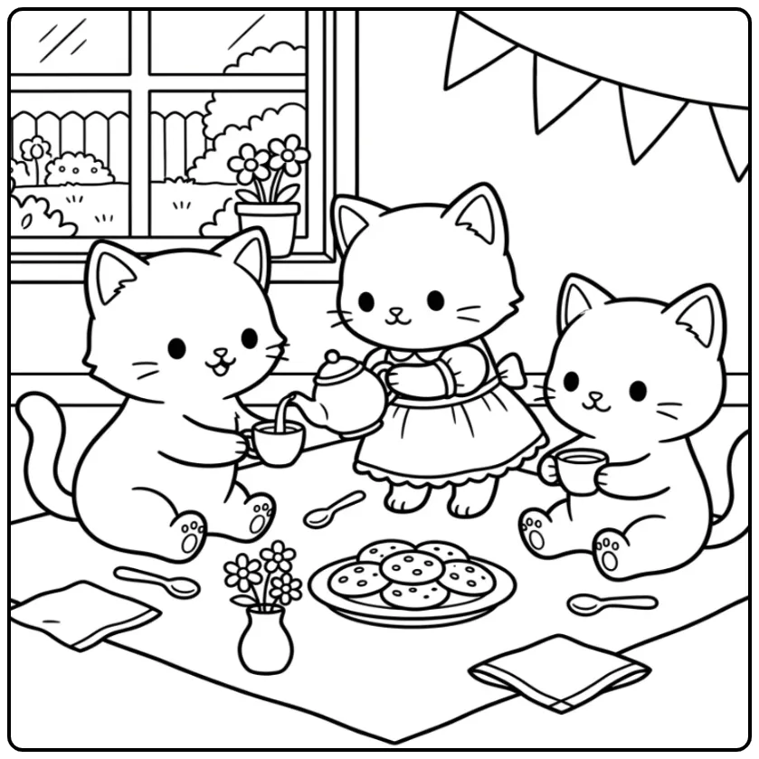 Cute Kittens Having a Tea Party coloring page