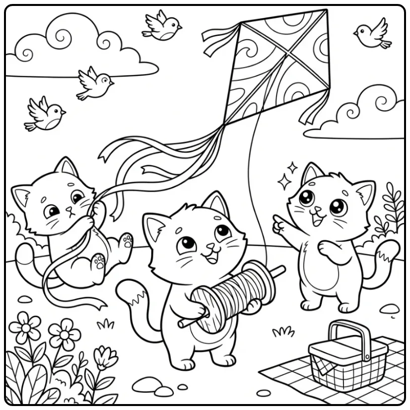 Cute Kittens Flying a Kite coloring page
