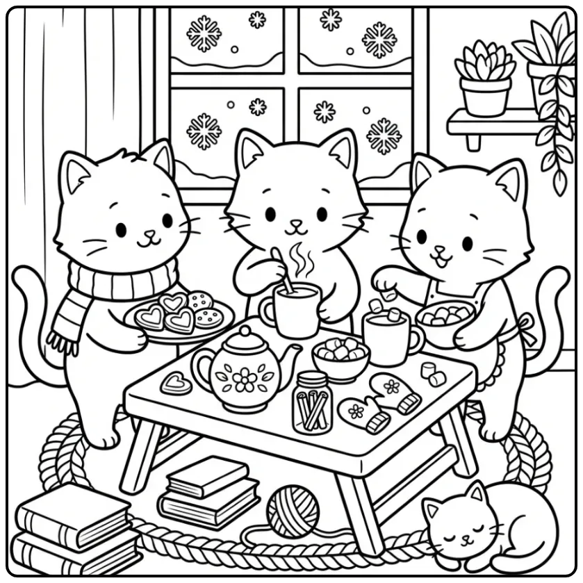 Cute Kittens with Hot Cocoa and Cookies coloring page
