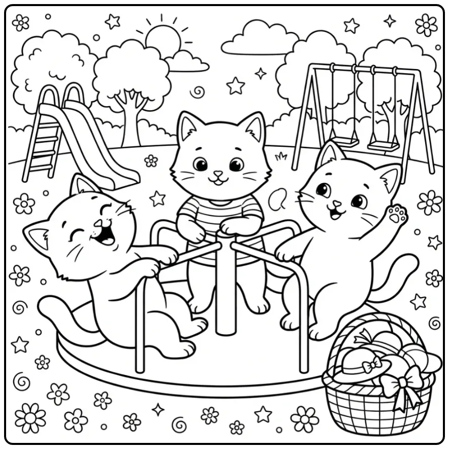Cute Kittens on a Playground Carousel coloring page