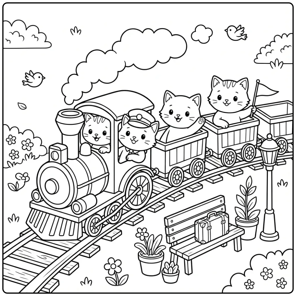 Cute Kittens on a Steam Train coloring page