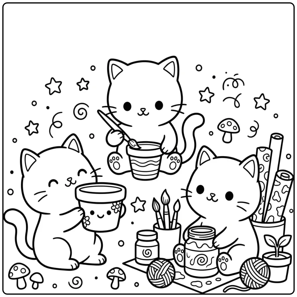 Cute Kittens Painting Small Pots coloring page