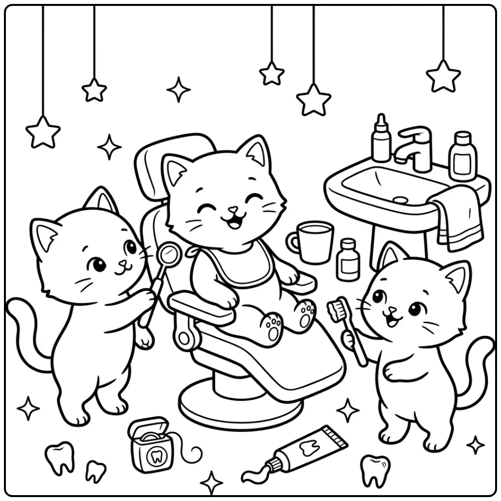 Cute Kittens Playing Dentist coloring page