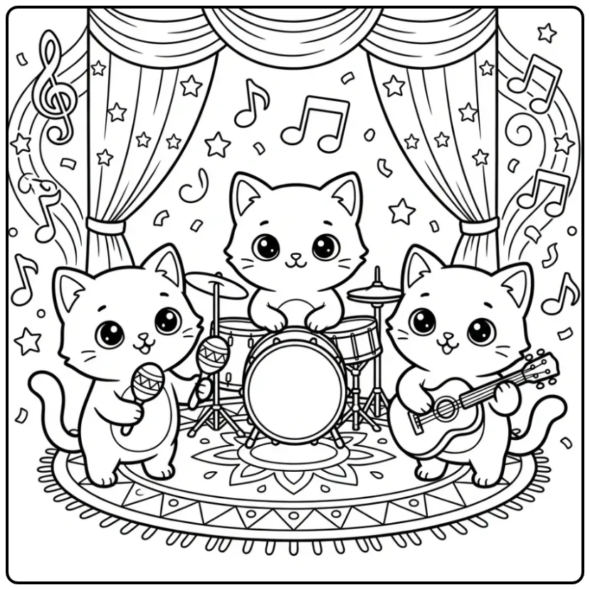 Cute Kittens Forming a Music Band coloring page