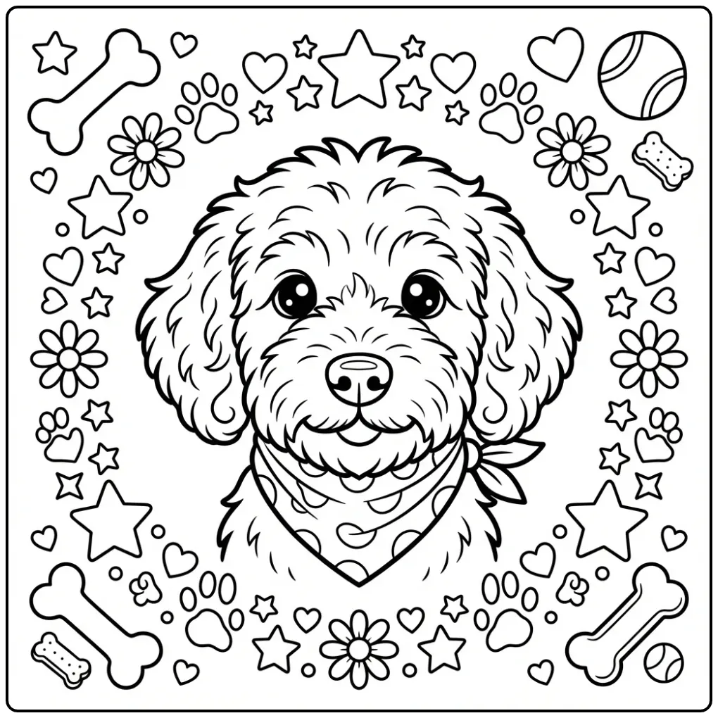 Labradoodle Puppy with Bandana and Stars coloring page