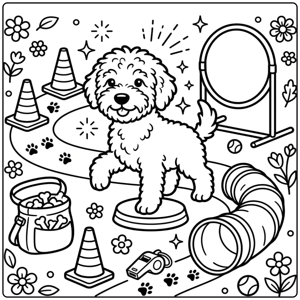 Labradoodle Puppy Balancing on a Training Block coloring page
