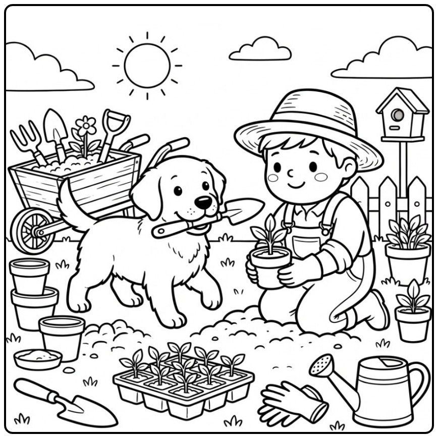 Cute Labrador Helping with Gardening coloring page