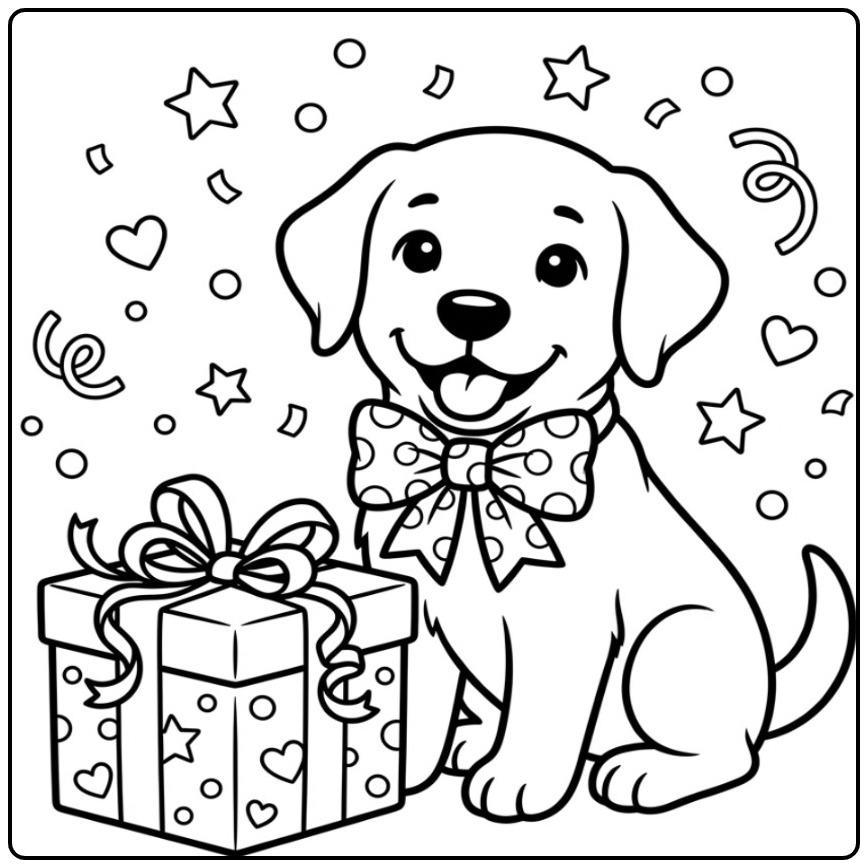 Cute Labrador with a Bow Celebrating Party coloring page