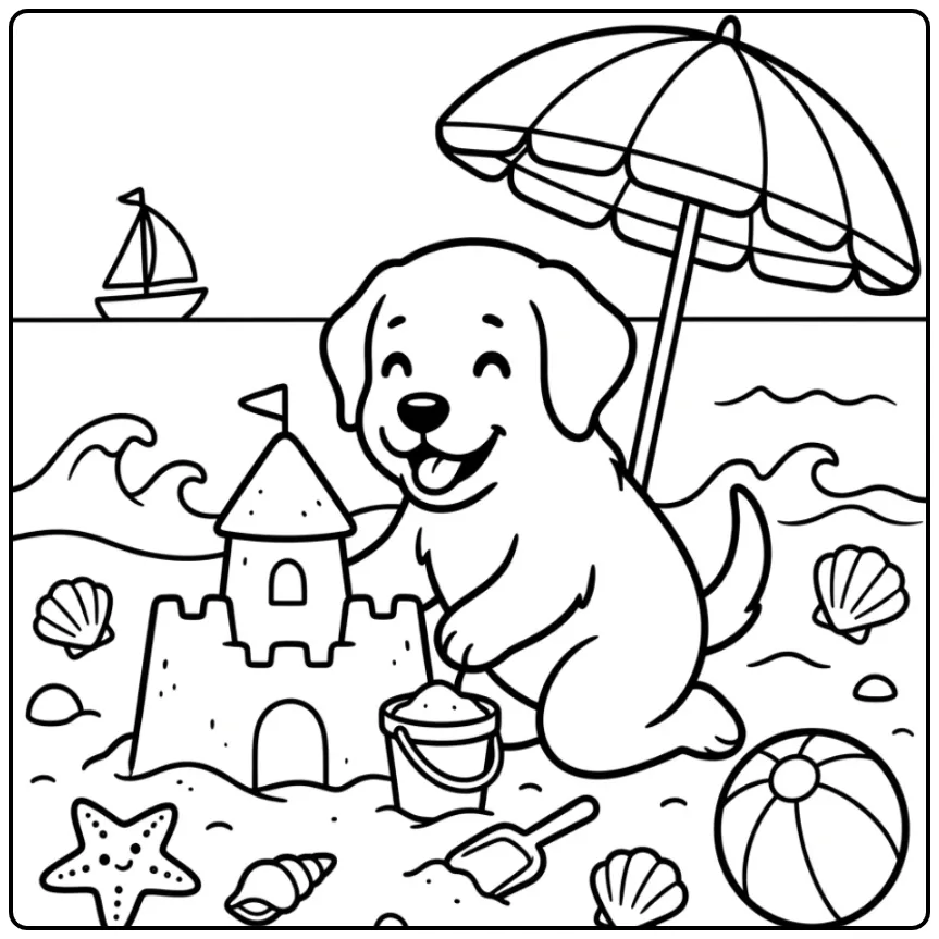 Cute Labrador Puppy Building Sand Castle coloring page