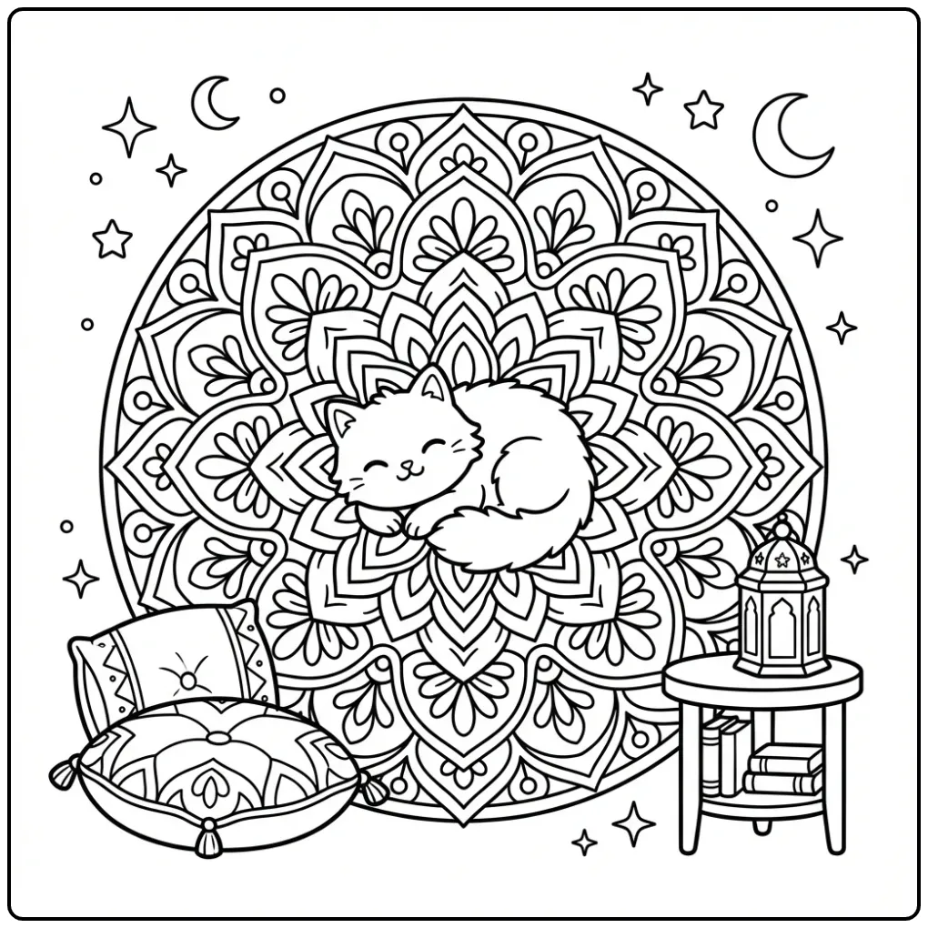 Mandala Cat coloring page sleeping on a round rug