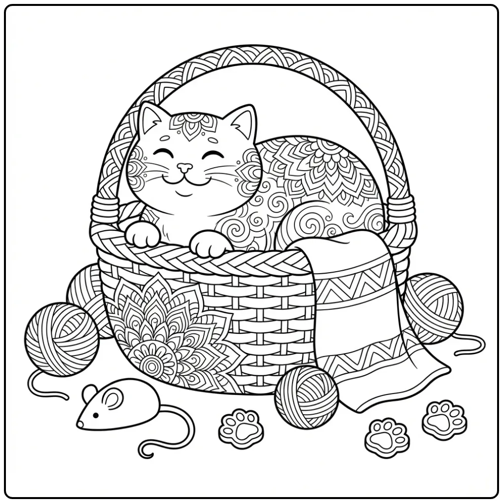 Mandala Cat coloring page with yarn and a toy mouse