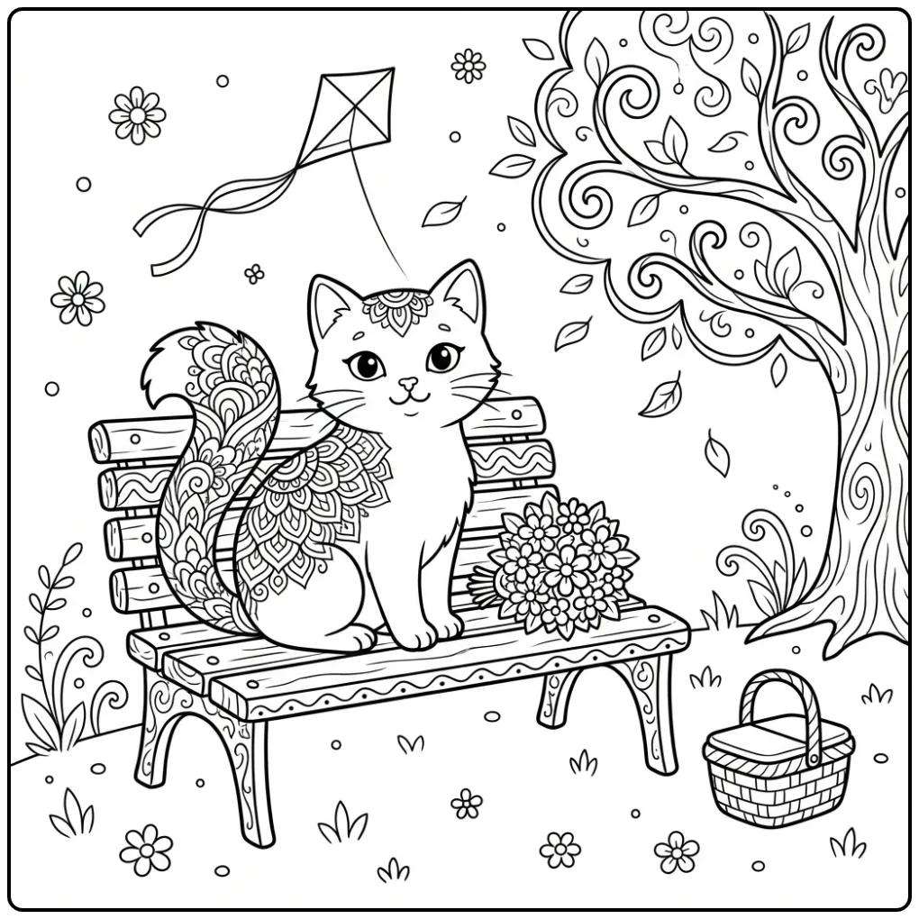Mandala Cat coloring page on a park bench with flowers