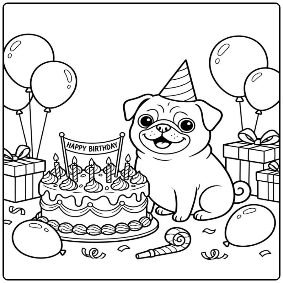 Cute Pug on a Birthday Party coloring page