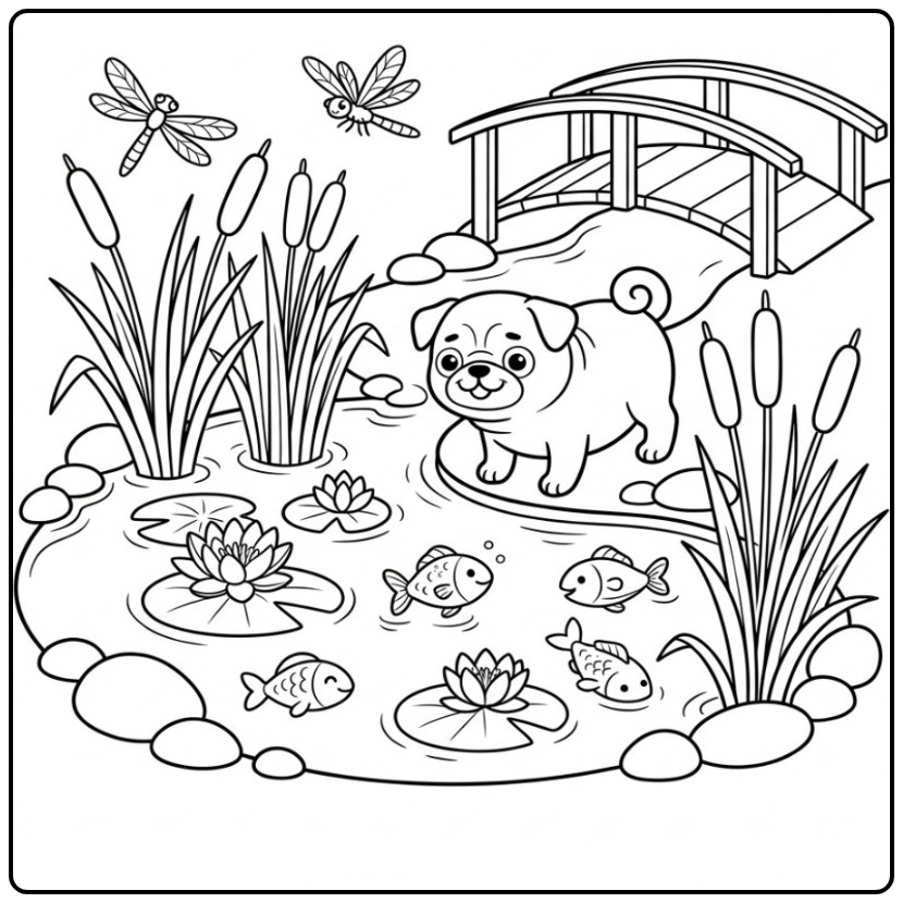 Cute Pug Playing with a Bridge and Pond coloring page