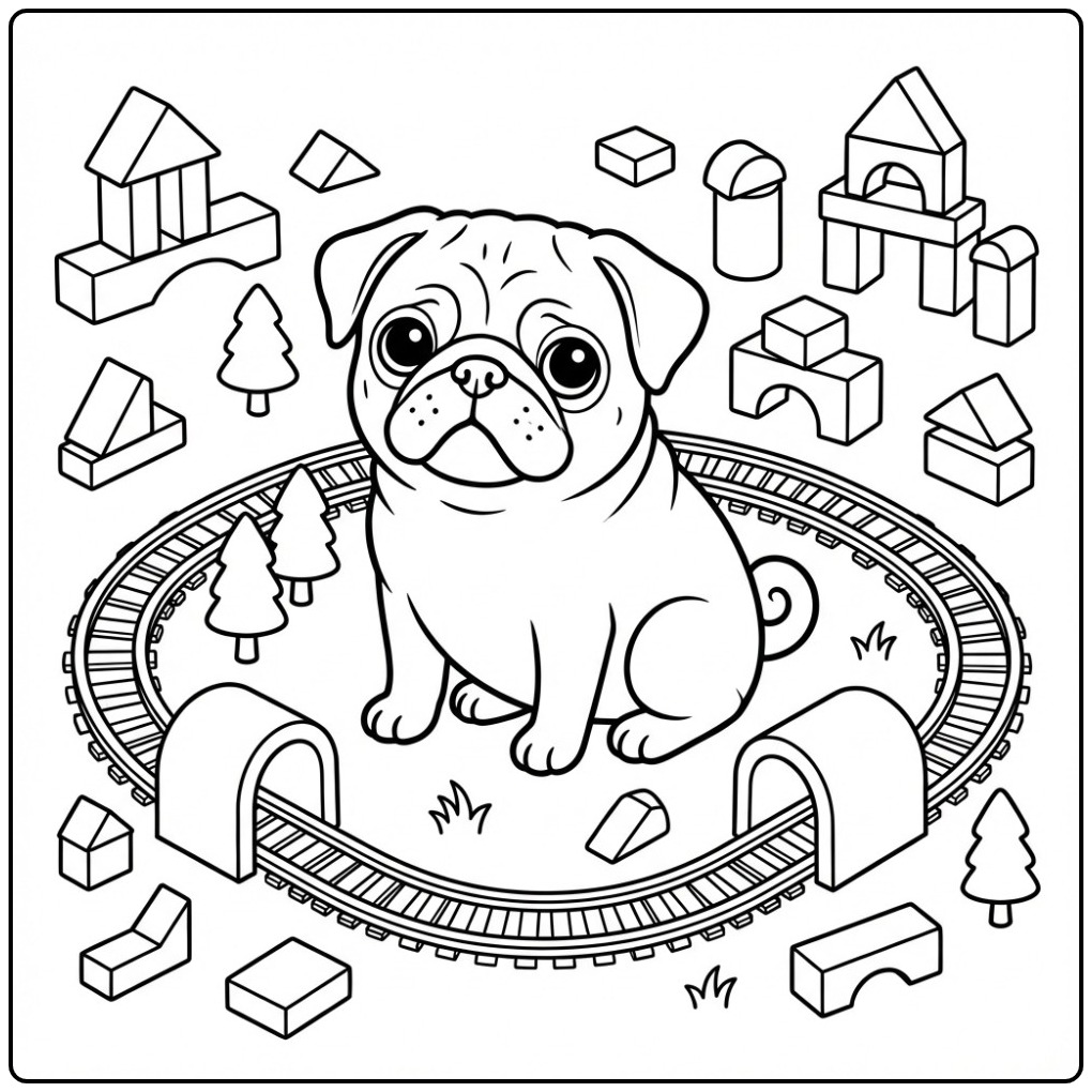 Cute Pug Among the Toys coloring page