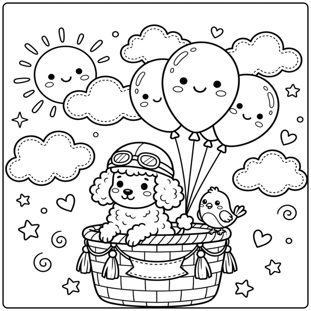 Cute Poodle as Pilot in a Hot Air Balloon coloring page