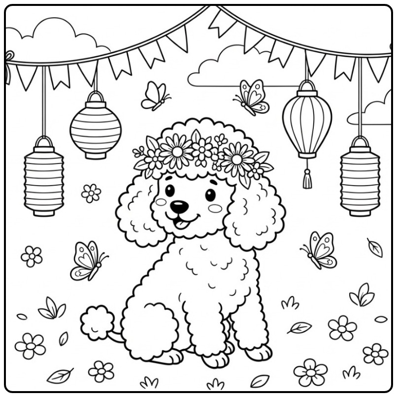 Cute Poodle on a Party with Butterflies coloring page