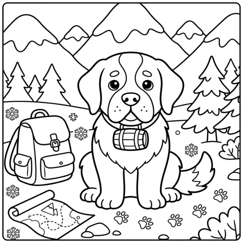 Cute Puppy as a Mountain Rescuer in the Snow coloring page