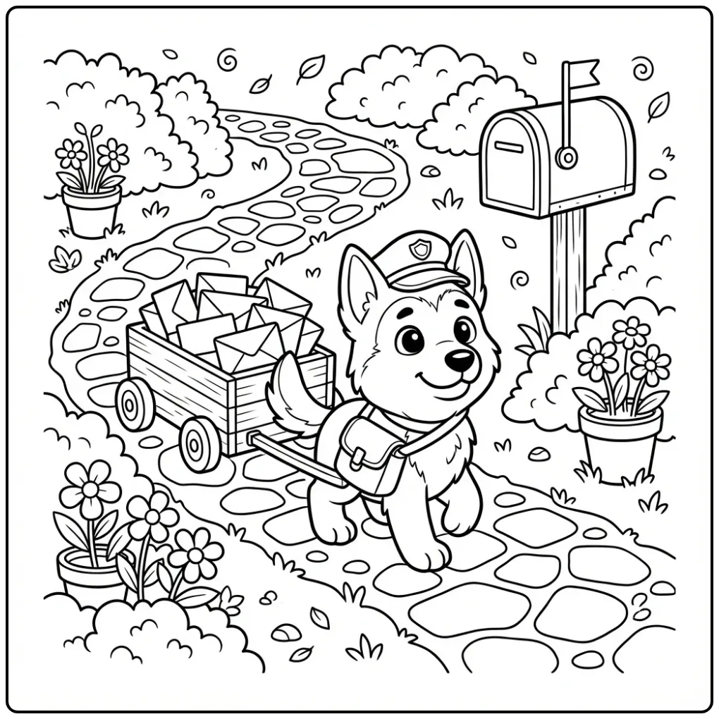 Cute Puppy Mail Carrier with a Little Wagon coloring page
