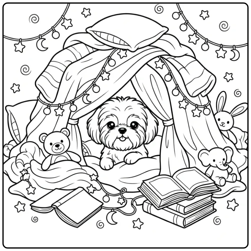 Cute Puppy Building a Fort with Blankets and Books coloring page