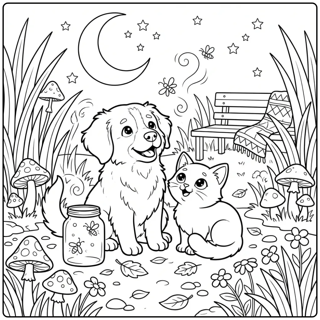 Puppy and Kitten Watching Fireflies by Moonlight coloring page
