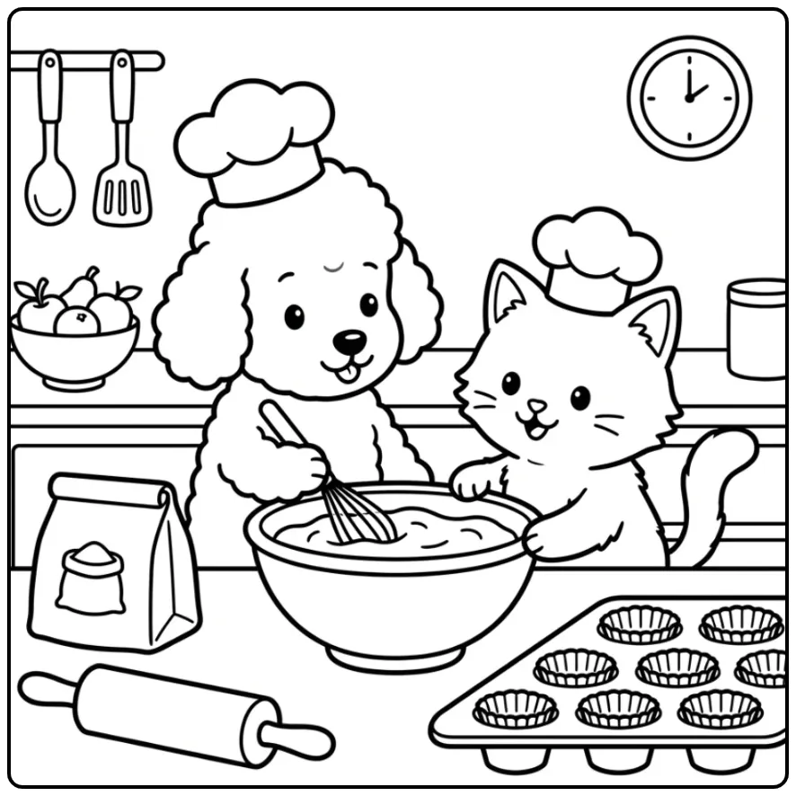 Poodle Puppy and Kitten Baking Cupcakes coloring page