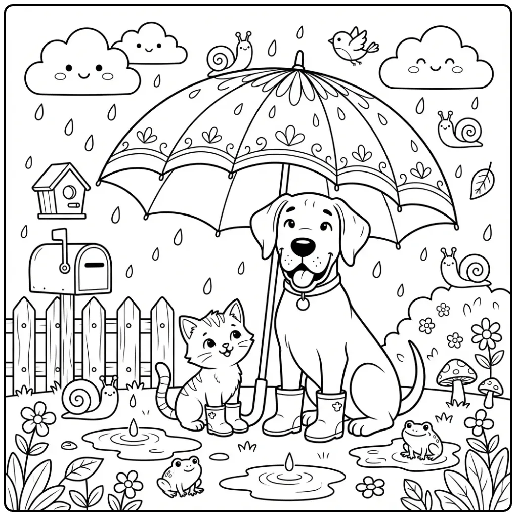 Great Dane Puppy and Kitten Sharing an Umbrella in the Rain coloring page