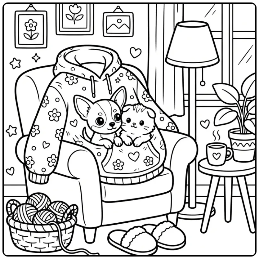 Chihuahua Puppy and Kitten in a Cozy Hoodie coloring page