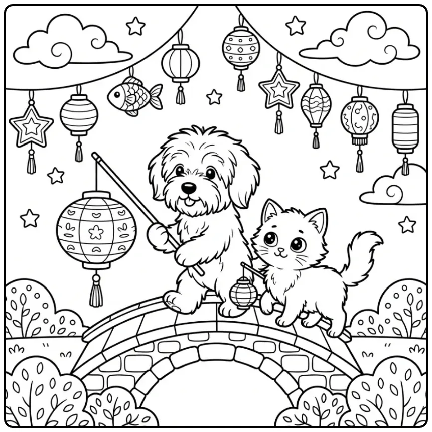 Puppy and Kitten at a Lantern Festival coloring page