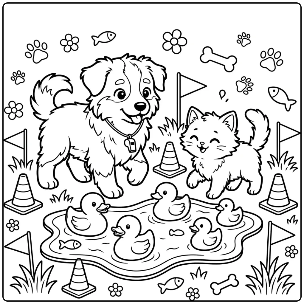 Australian Shepherd Puppy and Kitten Playing with Toy Ducks coloring page