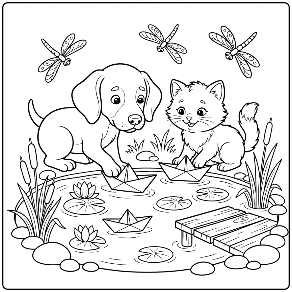 Weimaraner Puppy and Kitten Sailing Paper Boats coloring page